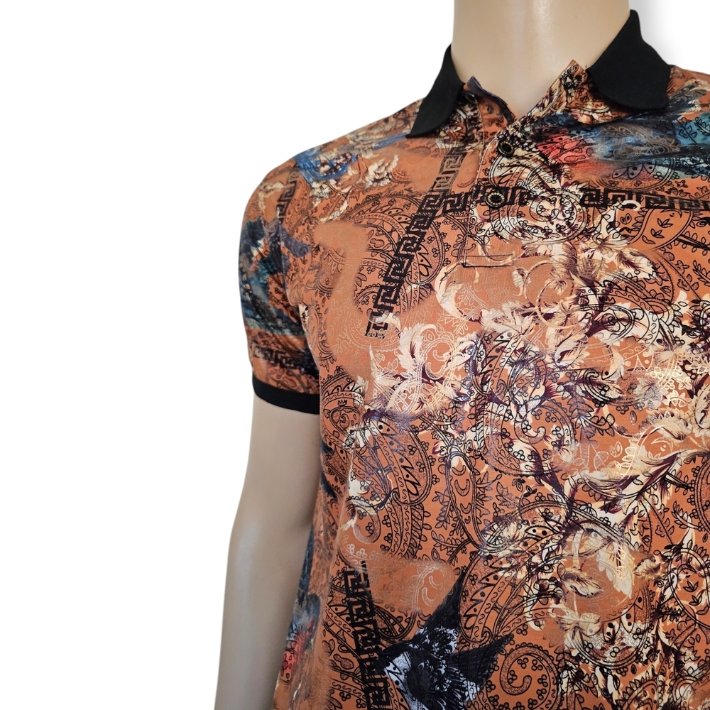 Perruzo Orange, Copper & Black Italian Style Monogram Patterned Polo Shirt